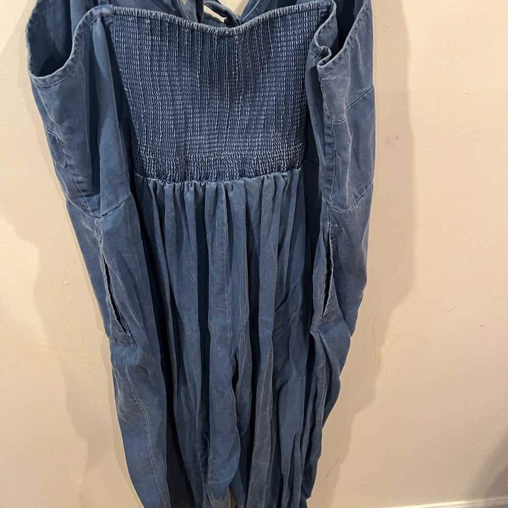 Blue Strapless Smocked jumpsuit